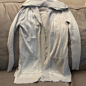 Gray Ribbed Open Front Cardigan with Hood